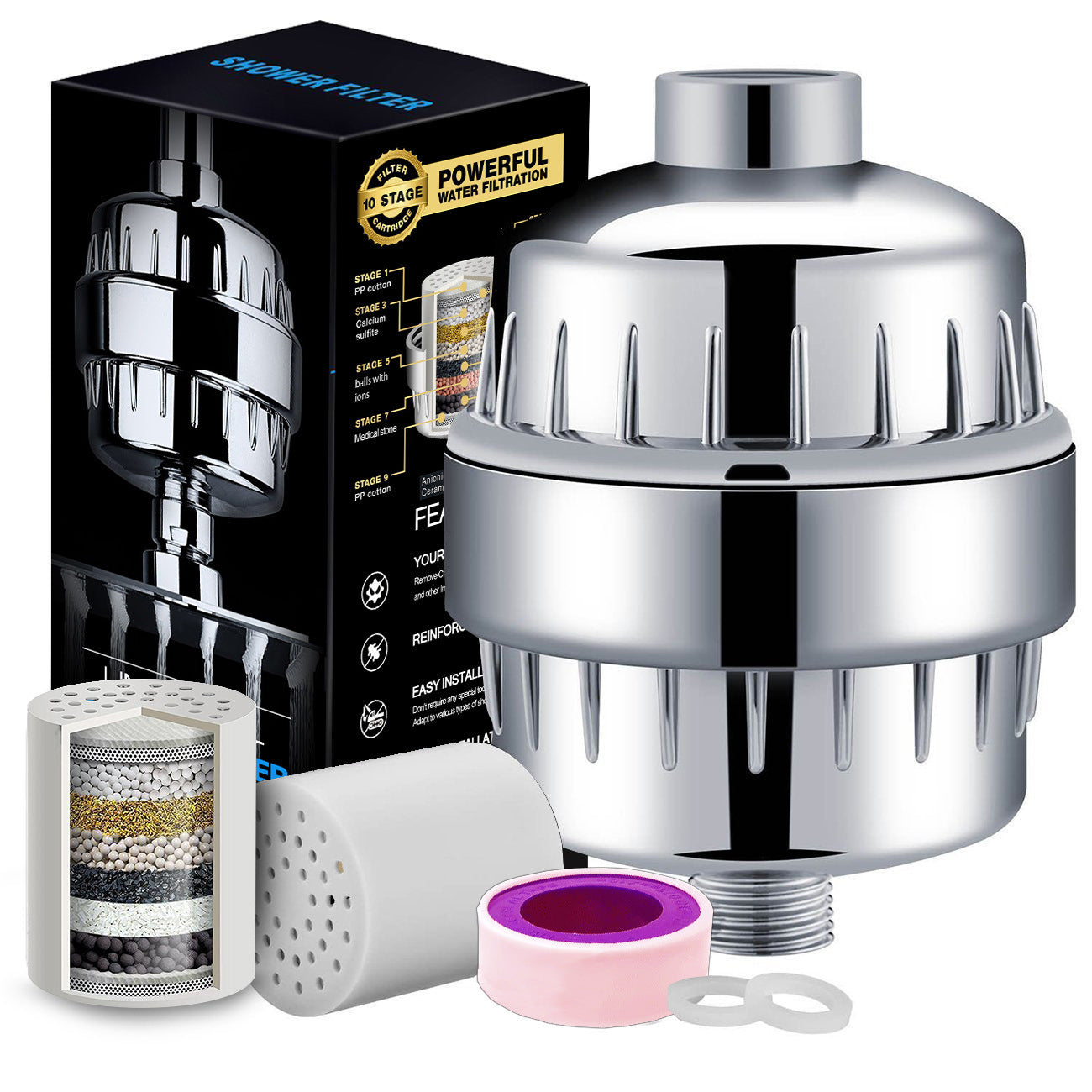 10 Layer Shower Head Filter - Removes Chlorine, Heavy Metals, Odors & More